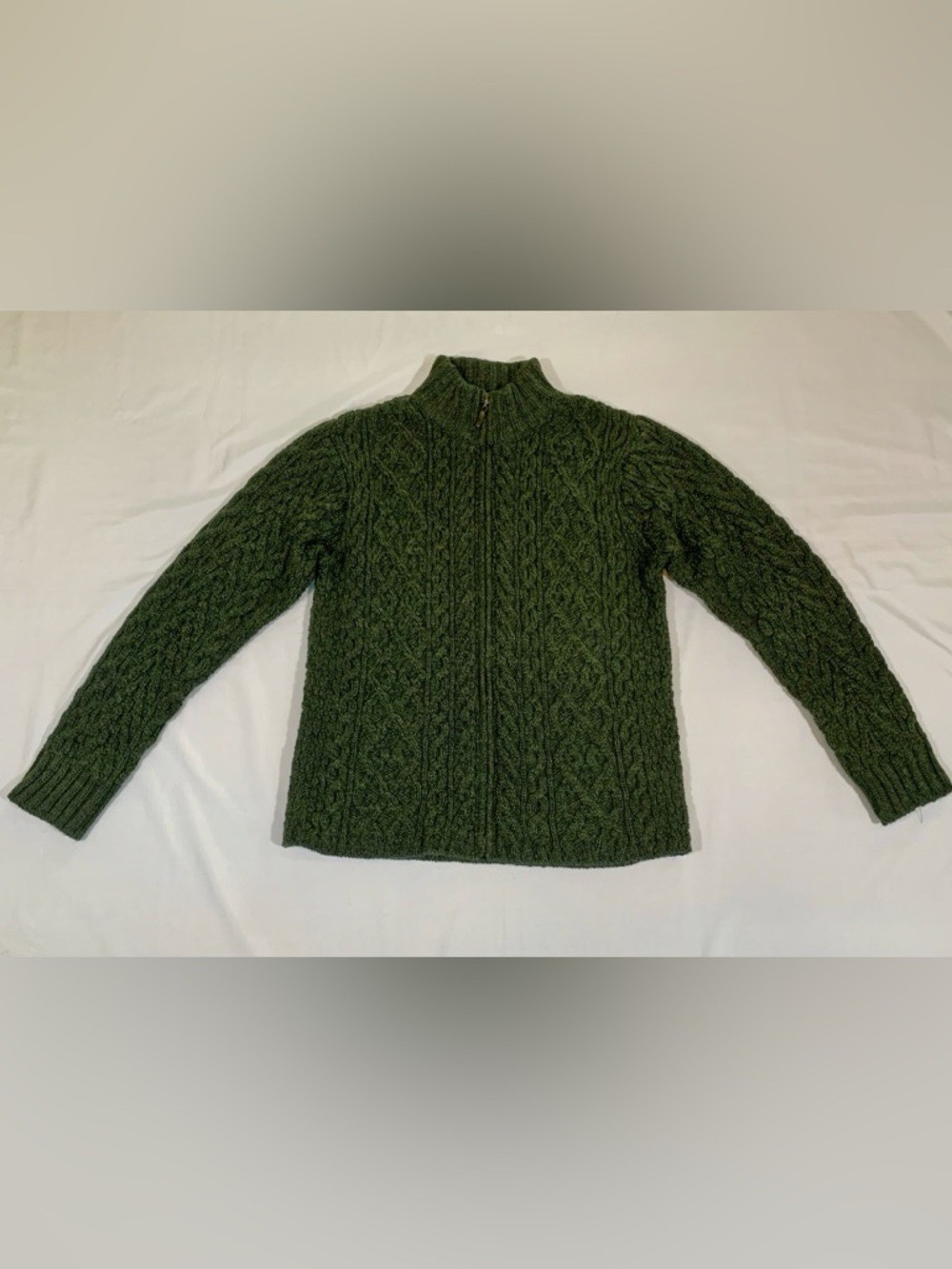Inis Crafts Sweater Green Merino Wool Cable Knit Full Zip Mock Women’s M Ireland
